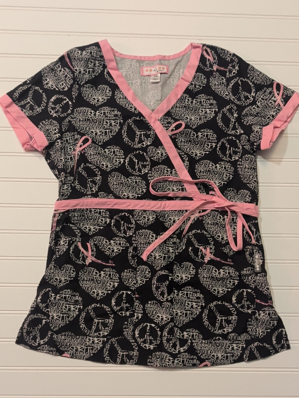 koi Black Scrub Top with Breast Cancer Awareness Print